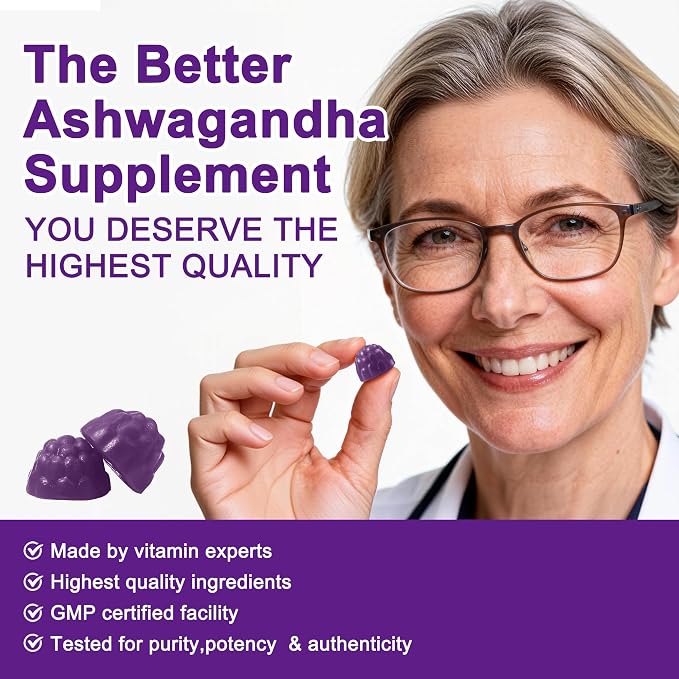 Ashwagandha Gummies & Vitamin D3 Gummies Organic Aswangdha Supplement for Improve Sleep, Stress Relief & Mood Calm (Grape Berry,Non-GMO, Gluten-Free & Sugar Free)-2 Pack