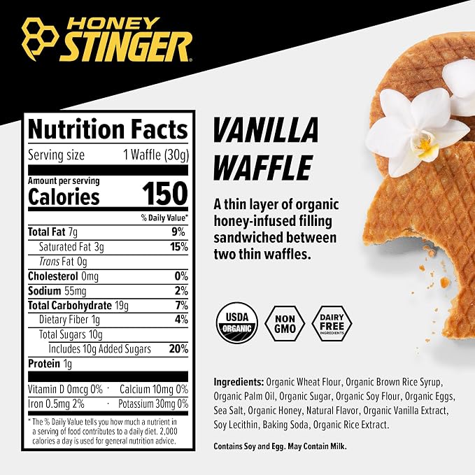 Honey Stinger Organic Vanilla Waffle,Energy Stroopwafel for Exercise,Endurance and Performance,Sports Nutrition for Home & Gym,Pre and Post Workout,Box of 16 Waffles,16.96 Ounce,(Pack of 2)