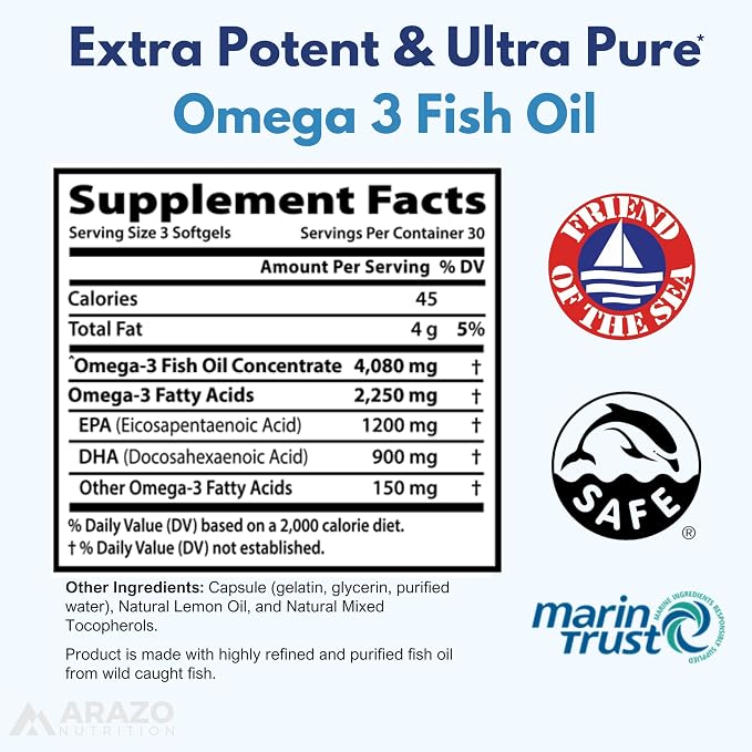 Arazo Nutrition Wild Caught Omega-3 Fish Oil Concentrate – 4,080mg per Serving – High EPA 1200mg & DHA 900mg – 90 Burpless Lemon Softgels