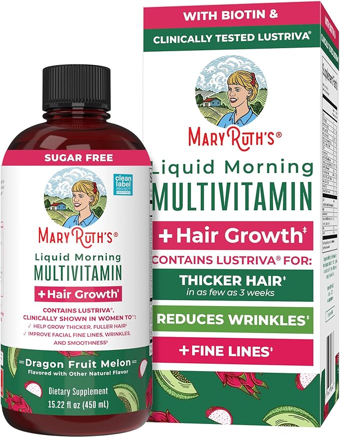 MARYRUTH'S Liquid Multivitamin + Hair Growth | Biotin 10000mcg | Lustriva Hair Growth Supplement | Clinically Tested in Women for Thicker Hair & Facial Wrinkle | Skin Care | Ages 18+ | 15.22 Fl Oz