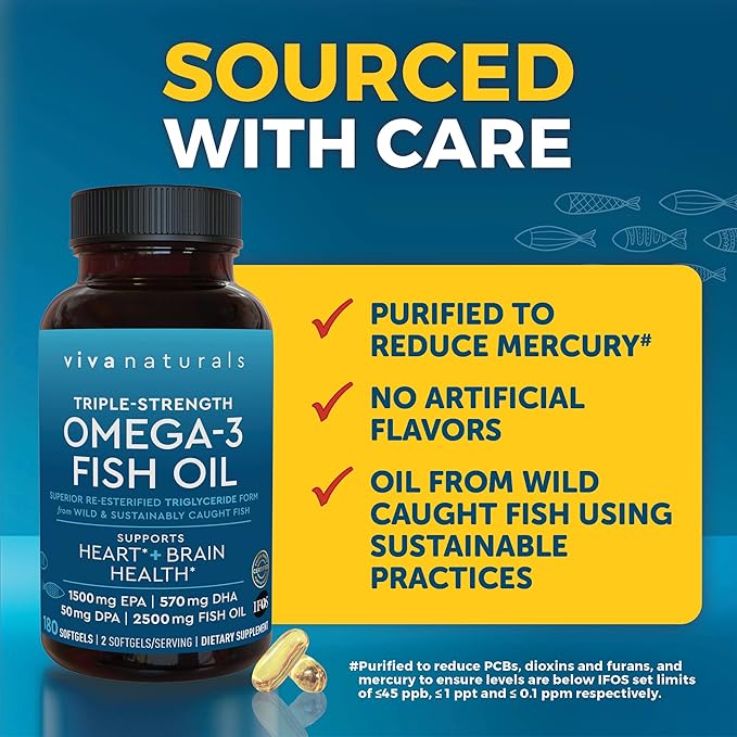 Triple Strength Omega 3 Fish Oil Supplement for Men and Women – 2500 mg High-Potency, Easy-to-Absorb Re-esterified Triglyceride Form, Pescatarian-Friendly DPA EPA DHA Omega 3 Supplement, 180 Softgels