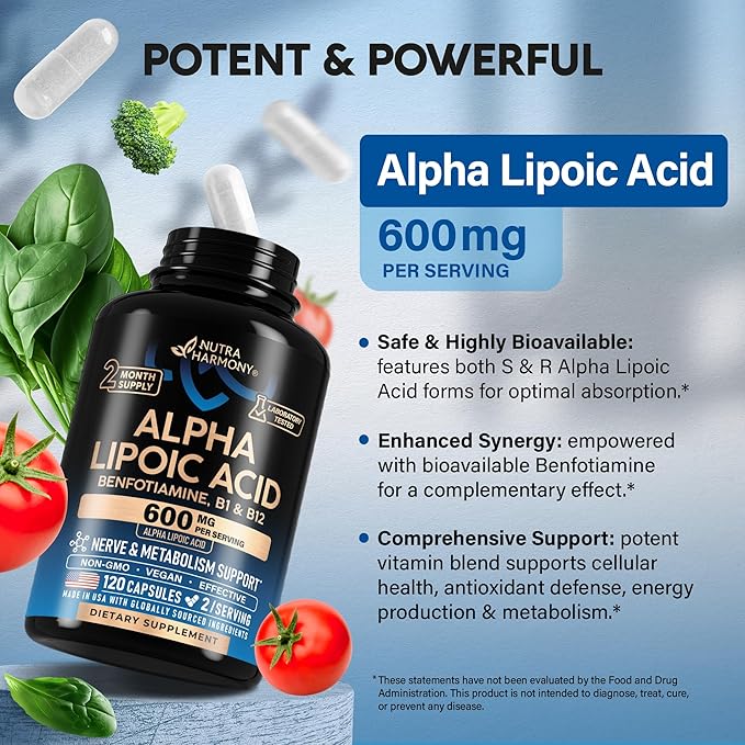 Alpha Lipoic Acid 600mg - ALA Supplement Antioxidant for Nerve, Energy & Metabolism Support - Extra Strength with Benfotiamine, B1 & B12 - Lab Tested, NON-GMO & Vegan - 120 Capsules, 2 Month Supply