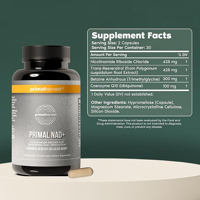 Primal Harvest NAD+ Supplement: Nicotinamide Riboside, Trans-Resveratrol, Betaine, CoQ10, NAD Supplements for Cellular Health, Energy, and Mitochondrial Support (60 Count (1 Pack)