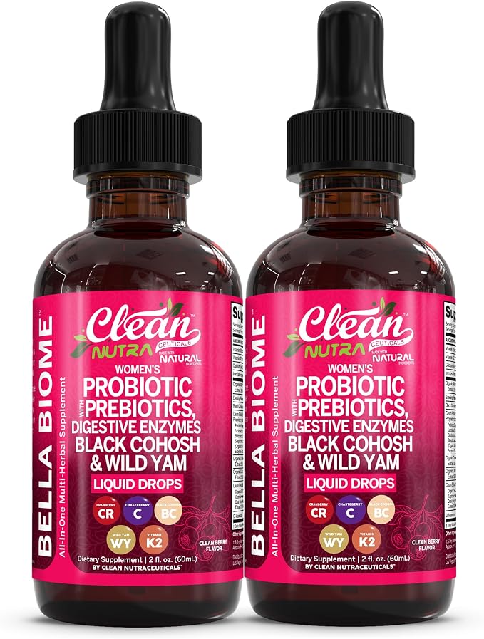 Liquid Probiotics for Women Drops with Chasteberry, Black Cohosh, Prebiotics, Digestive Enzymes, Evening Primrose Oil, Wild Yam, Cranberry Dmannose and Iron Vitamin D3 K2 Clean Nutra Bella Biotics (2)