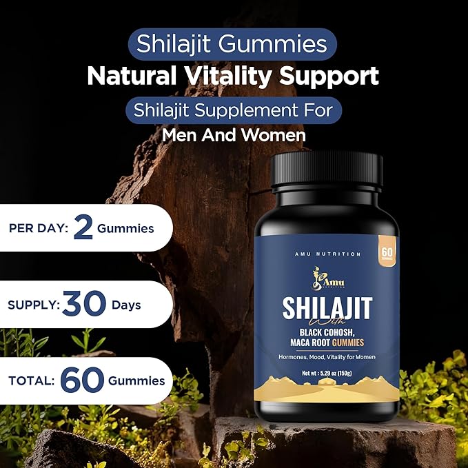 AMU NUTRITION Shilajit Gummies for Men & Women with Maca Root & Black Cohosh (60 Count (Pack of 1), Maca Root & Black Cohosh)