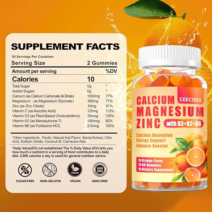 Calcium Magnesium Zinc Gummies with D3 &B6 &K2,1000mg Calcium Gummies with 300mg Magnesium Support Immune Energy for Adults and Teens,Sugar Free(120Count)