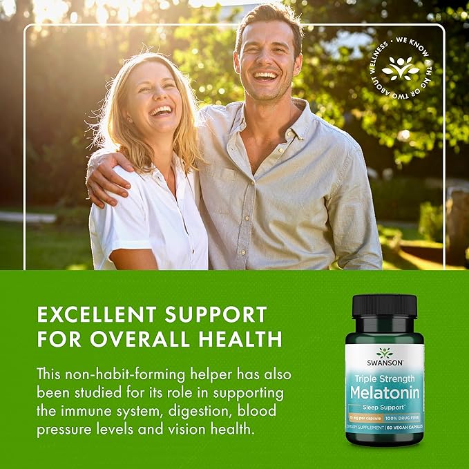 Swanson Triple Strength Melatonin - Natural Sleep Support for Disrupted Sleep Cycles - (60 Capsules, 10mg Each)