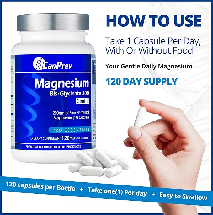 CanPrev Magnesium Bis-Glycinate Gentle 200mg, 120 V-Caps 120-Day Supply - Pure Elemental Magnesium Supplement, Supports Bone and Muscle Function, Gentle on Stomach, Perfect for Daily Magnesium Needs