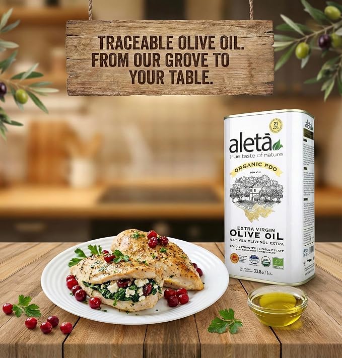 Aleta, Organic & PDO Extra Virgin Olive Oil, 2025 Gold Award, Certified Single Estate, Crete Greece, First-Cold Press, 1 Lt (33.8 oz.) Tin, Pack of 2