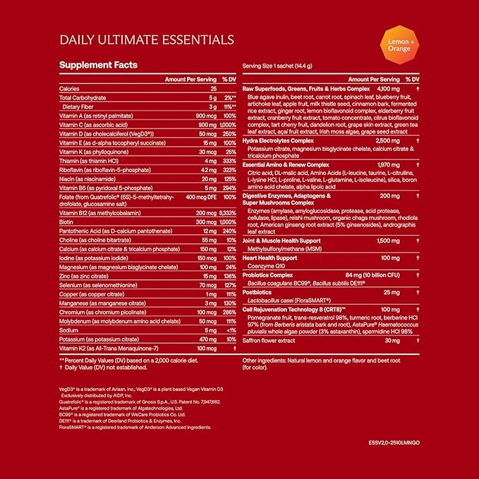 IM8 Daily Ultimate Essentials All-in-One Multivitamin Supplement, 92 Nutrient Rich Ingredients CoQ10, Probiotics, Vitamins, Greens, Gluten Free, Vegan (30 Packets, Lemon & Orange)