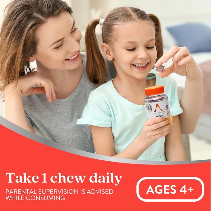 Active Iron Supplement 7mg + Vitamin D for Kids, Clinically Proven Better Absorption, Increase Iron & Energy Levels, Gentle & Non-Constipating, Supports Growth & Immune Health, 30 Blackcurrant Chews