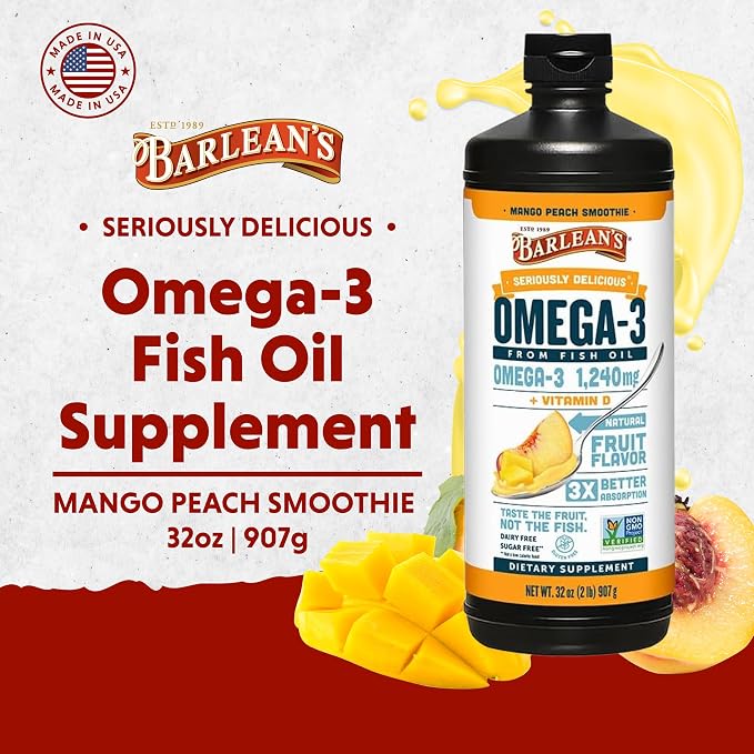 Barlean's Omega 3 Fish Oil Liquid Supplement with Vitamin D for Men and Women, 1080mg of EPA and DHA Fatty Acid, Promotes Brain & Heart Health - Non-GMO, Mango Peach, 32 oz