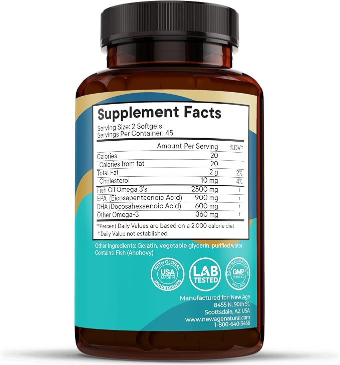 NEW AGE Omega 3 Fish Oil Supplement Immune & Health Support – Promotes Joint, Eye & Skin Health - Non GMO - EPA, DHA Fatty Acids Gluten Free (90 Softgels (Pack of 1))