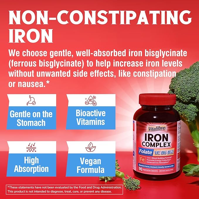Iron Supplement for Women & Men, with Vitamins C, B6, B12 & Folate for Iron Deficiency, Blood Building & Energy Support, Stomach Friendly, Better Absorption, Non-GMO, No Gluten, 90 Vegan Caps