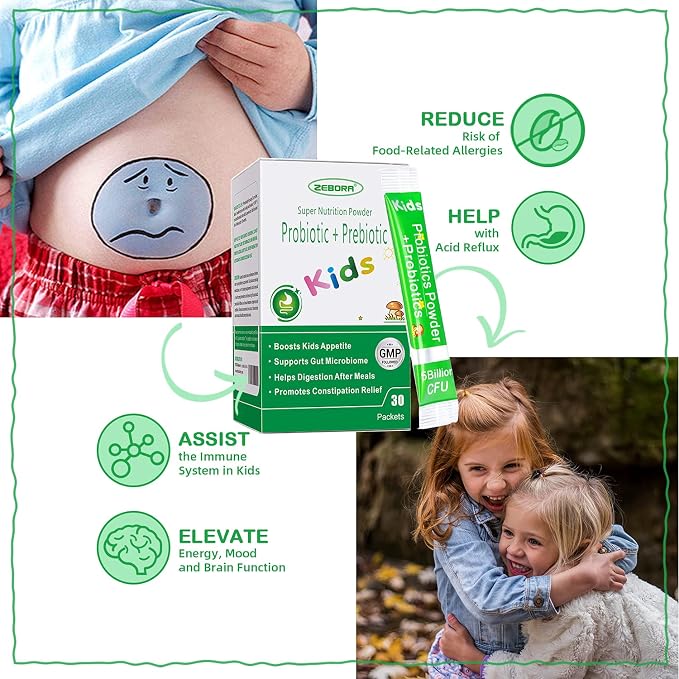ZEBORA Kids Probiotic & Prebiotics Powder Age 3+ Support Children's Digestive & Immune System with Natural Source, Promotes Constipation Relief, Non-GMO, Gluten-Free, 30 Packets with 5 Billion CFUs