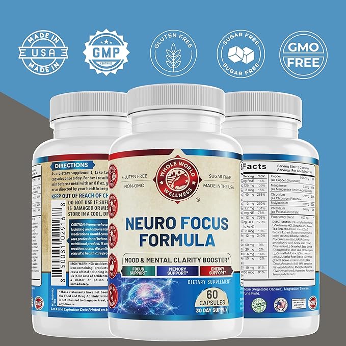 Neuro Focus Formula | Supports Mental Clarity & Focus | Vitamin A,C,D,E,B6 | Gluten Free, Sugar Free, Lactose Free | 60 Capsules | Made in The USA.