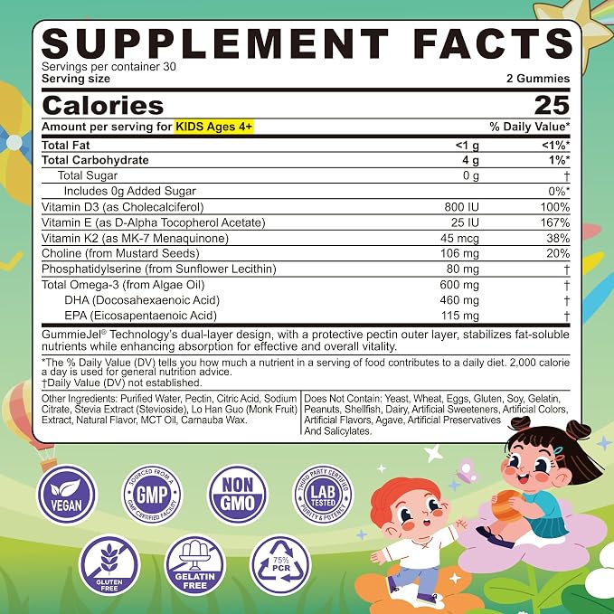 Kids Omega-3 Gummies for 4+, Algae Oil DHA & EPA with Vitamin D3 K2, Choline & PS, Vegan Fish Oil Supplements for Brain, Bone, Cognitive & Immune Health, No Fish Taste, SugarFree, Lemon Flavor, 120Cts