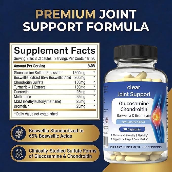 Clear Joint Support - Glucosamine Chondroitin MSM with Turmeric & Boswellia | 8-in-1 Formula | 90 Capsules (30-Day Supply) | Supports Knee, Hip & Back Health | Made in USA