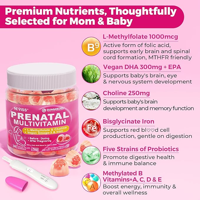 Prenatal Multivitamin Gummy for Women w/Methylfolate 1mg, Iron Choline Omega-3(DHA+EPA), Prenatal Vitamins for Women Gummies, Postnatal Vitamins | Before,During & After Pregnancy, Sugar Free,120Cts