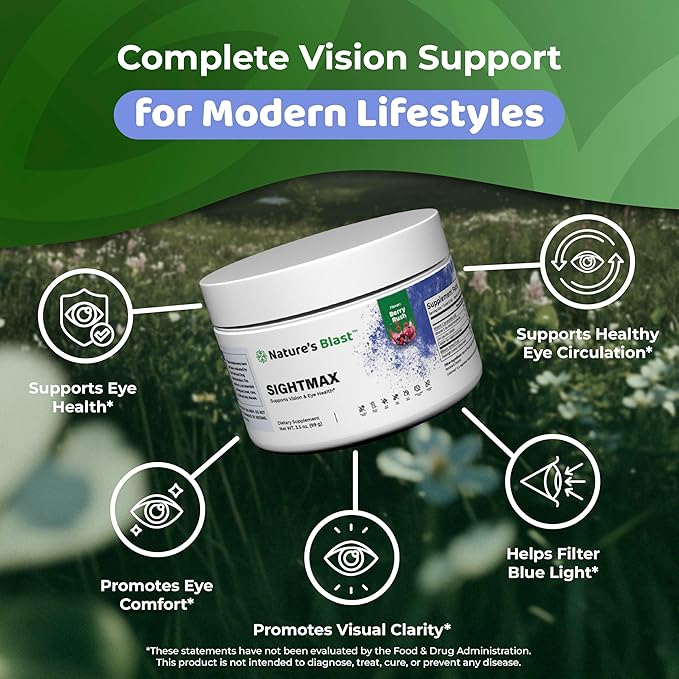 SightMax Eye Health Supplements - Eye Vitamins - with Bilberry, Eyebright, Lutein, Zeaxanthin & More Vitamins - Vegan, Non GMO, Gluten Free - 3.5 Oz - 30 Servings - Berry Rush Flavor