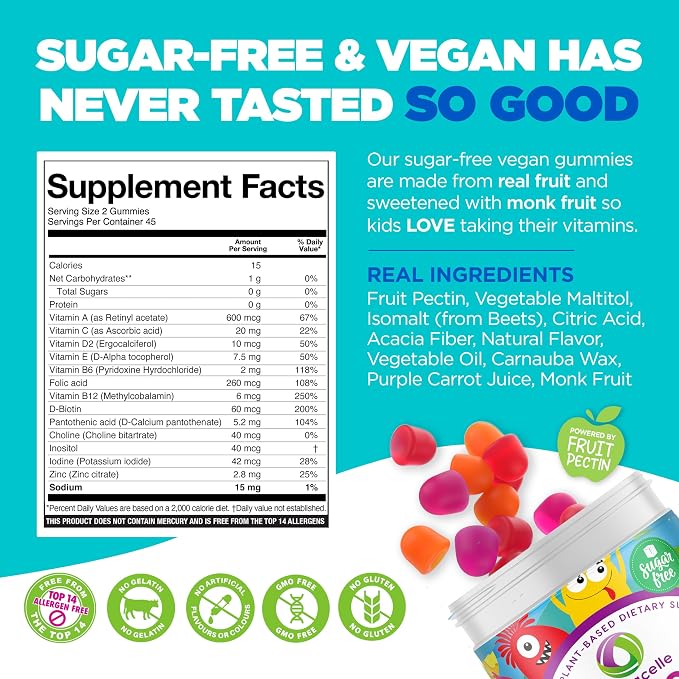 Nutracelle NUTRAMIN Sugar-Free, Allergen-Free 100% Vegan Gummy Multivitamins for Kids - Great Tasting Natural Gummies Your Kids Will Love - 60 Count Bottle