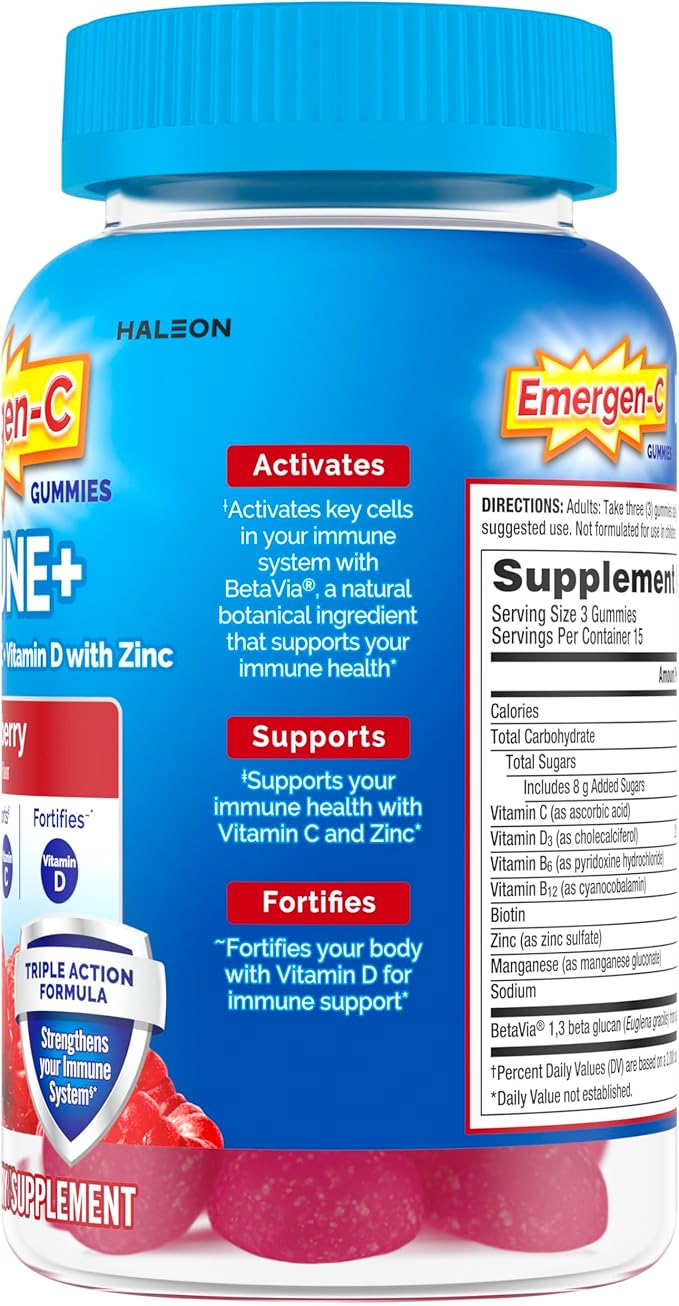 Emergen-C Immune+ Triple Action Immune Support Gummies, BetaVia (R), 1000mg Vitamin C, B Vitamins, Vitamin D and Antioxidants, Raspberry – 45 Count
