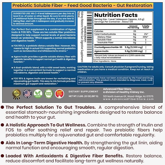 Perfect Gut: Inulin FOS Powder for Gut Health. Prebiotic Inulin. Unique Prebiotic 95% FOS Inulin Agave Fiber