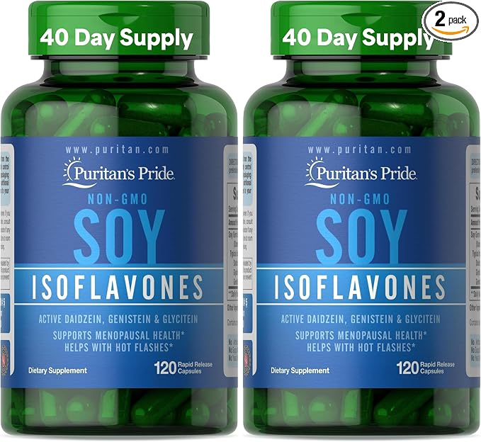 Puritan's Pride Non-GMO Soy Isoflavones 750mg, Dietary Supplement with Active Daidzein, Genistein, and Glycitein Supports Menopause and Hot Flashes, 120 Rapid Release Capsules (Pack of 2)