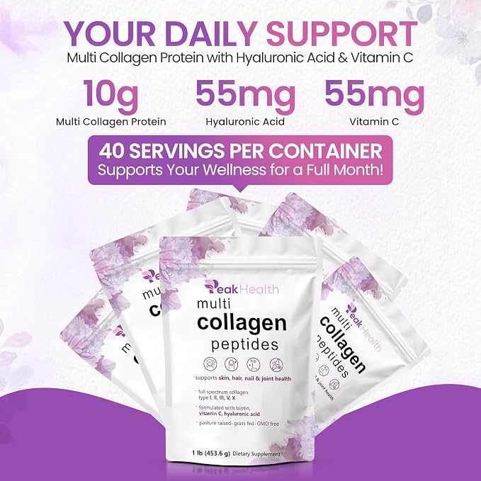 Multi Collagen Peptides Powder, 1 Pounds collagen powder- Type I,II,III,V,X with Biotin, Hyaluronic acid powder, Vitamin C - Unflavored Collagen Protein Powder - Keto & Paleo, Easy Dissolve