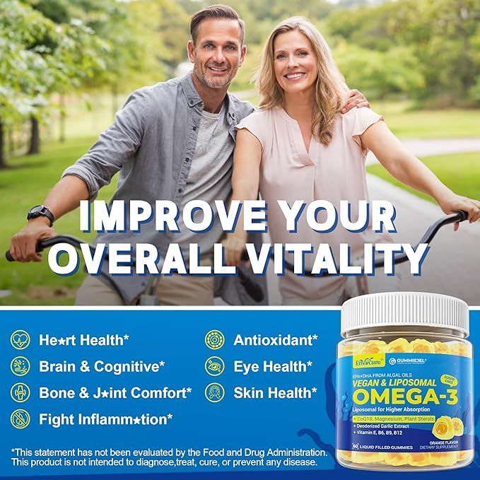 Vegan Omega-3 Gummies 1000mg +CoQ10+Magnesium- EPA 600mg DHA 400mg, Fish Oil Omega 3 Supplements Alternative for Women Men Adults, Liposomal, Algae, Plant Sterols, Garlic,B6,B9, B12, Sugar Free, 2Pack