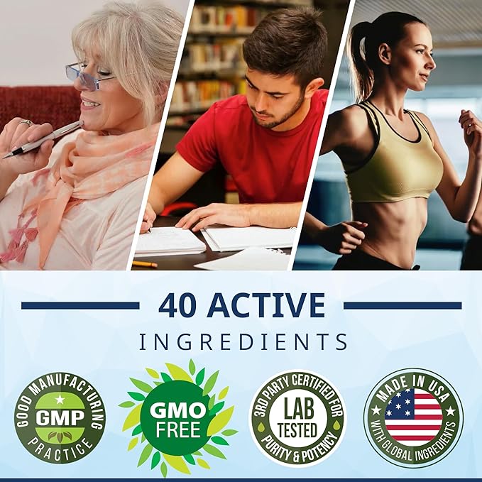 40-in-1 Brain Booster Supplement for Focus, Memory, Clarity, Energy | Advanced Vitamins Plus eBook | for Men & Women, Cognitive Function Nootropic Support with DMAE, Mind Health Formula | 60 Capsules