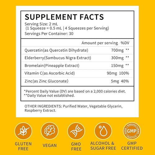 (2 Pack) Liposomal Quercetin with Bromelain Liquid Drops for Kis & Aldult- Higher Absorption, Quercetin Supplements 700mg w. Bromelain Elderberry Zinc Vitamin C for Immune, Heart, Antioxidant Support
