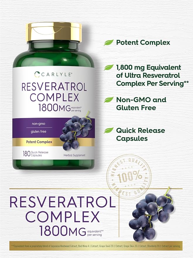 Carlyle Resveratrol Complex - 180 Capsules - Trans Resveratrol Supplement with Grape Seed Extract - Non GMO, Gluten Free