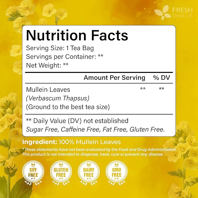 FreshDrinkUS, Premium 80 Mullein Leaf Tea Bags – 100% Natural, Pure, & Caffeine-Free Herbal Tea for Lung – Loose Leaf, No Sugar, Vegan, Gluten-Free, Made with Natural Material Tea Bags