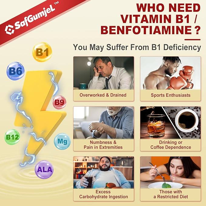 Vitamin B1(Benfotiamine) Gummies 500mg – B1 B6 B12 Vitamins with Magnesium for Energy Metabolism, Healthy Nervous System – Chewable B Complex for Adults & Kids - Vegan, Sugar Free, 60 Ct