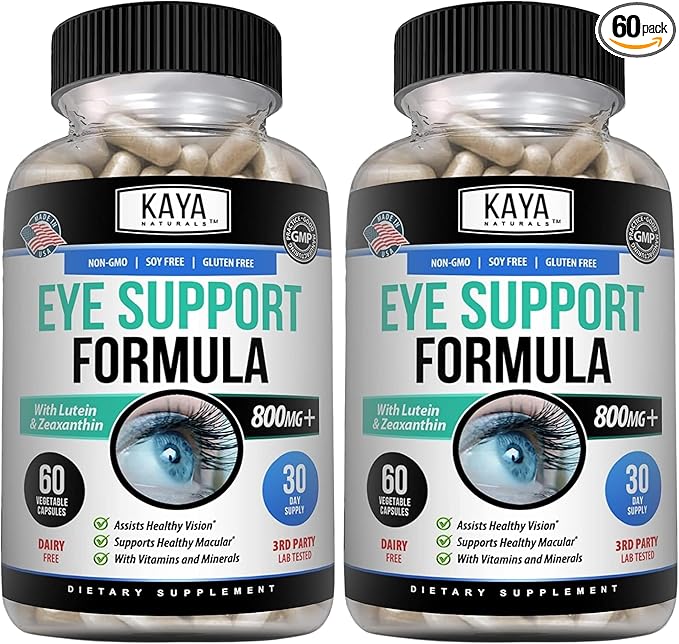 Kaya Naturals Eye Health Supplement - Lutein & Zeaxanthin - Supports Eye Strain, Dry Eyes, and Vision Health - Clinically Proven Ingredients 800mg Vitamin Supplement - 60 Count (Pack of 2)