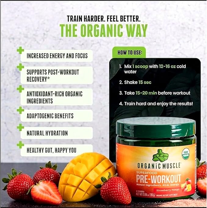 Organic Muscle Organic Pre Workout Powder, Strawberry Mango — USDA Organic Superfood Blend | Maca, Beet Root, Cordyceps, Rhodiola | 150mg Natural Caffeine, Vegan, No Jitters, 20 Servings