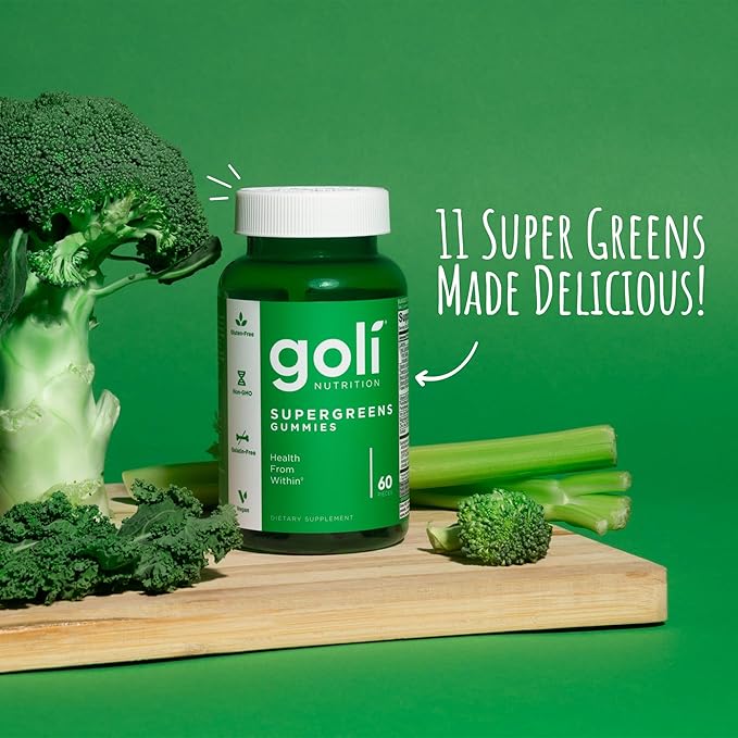 Goli Supergreens Gummies with Probiotics - Artichoke Leaf Extract, Spirulina, Kale, Vitamins A, B6, B12 - Vegan, Gluten-Free, Non-GMO