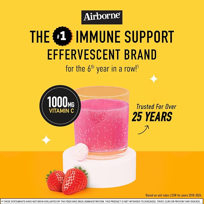 Airborne 1000mg Vitamin C with Vitamin D & Zinc, Sugar Free Multivitamin Immune Support Supplement, Antioxidants Vitamins A C & E, Very Berry Flavor, 30 Tablets (Pack of 2)