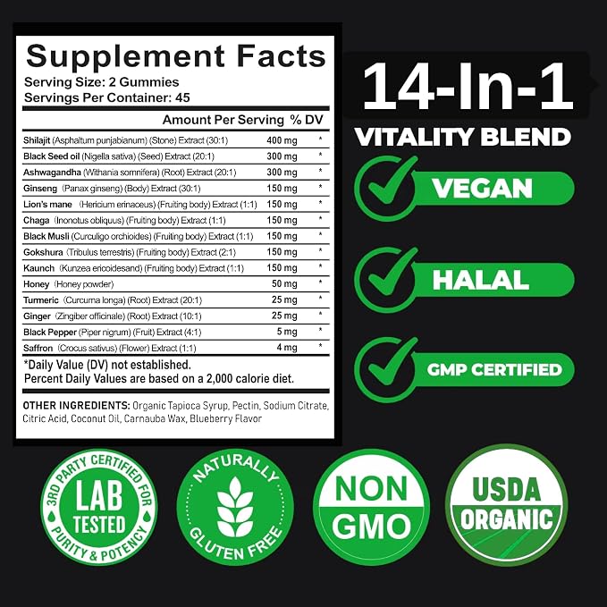 Organic Himalayan Shilajit Gold Gummies for Men and Women, Black Seed Oil, Ashwagandha, Ginseng, Turmeric, Gokshura, Lion's Mane, Lab Tested, No Sugar Added, Halal, 90Gummy