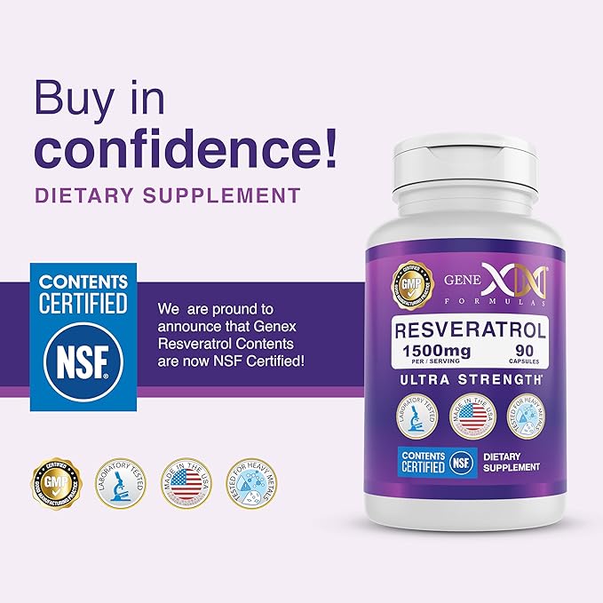 Genex Formulas Resveratrol 1500 mg Supplement for Healthy Aging – NSF Certified for Safety, Quality & Label Accuracy – Potent Antioxidant & Healthy Aging Formula - Gluten Free 90 Count