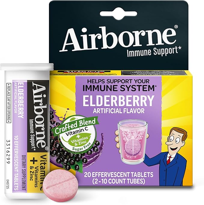 Airborne Elderberry + Zinc & Vitamin C Effervescent Tablets, Immune Support Supplement with Powerful Antioxidant Vitamins A C E, 20 Fizzy Drink Tablets, Elderberry Flavor