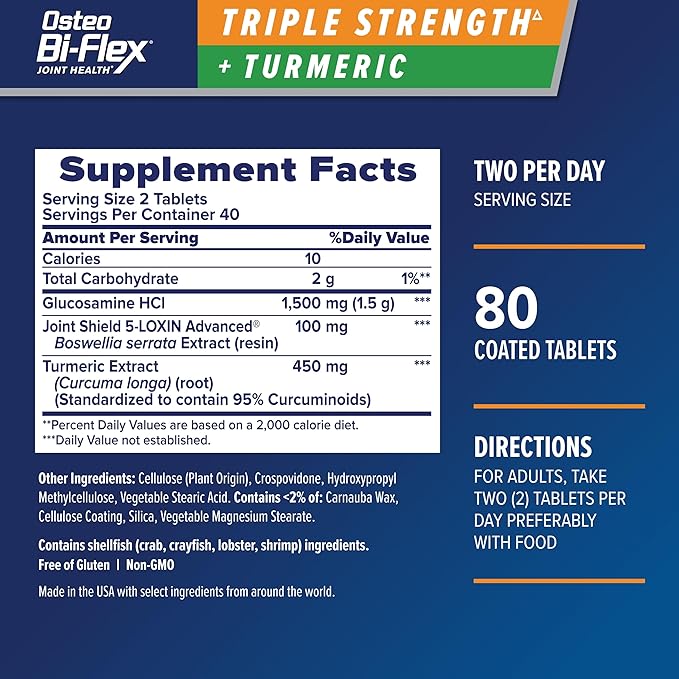 Osteo Bi-Flex Triple Strength Glucosamine Supplement with Turmeric Extract, Improve Joint Function, Antioxidant Power, 80 Coated Tablets