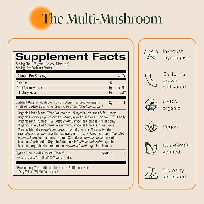 OM Mushrooms Master Blend Mushroom Powder – Organic Mushroom Supplement with 10 Mushrooms and Ashwagandha - Support Immunity, Gut Health & Stress Relief, 6.34 oz (80 Servings)