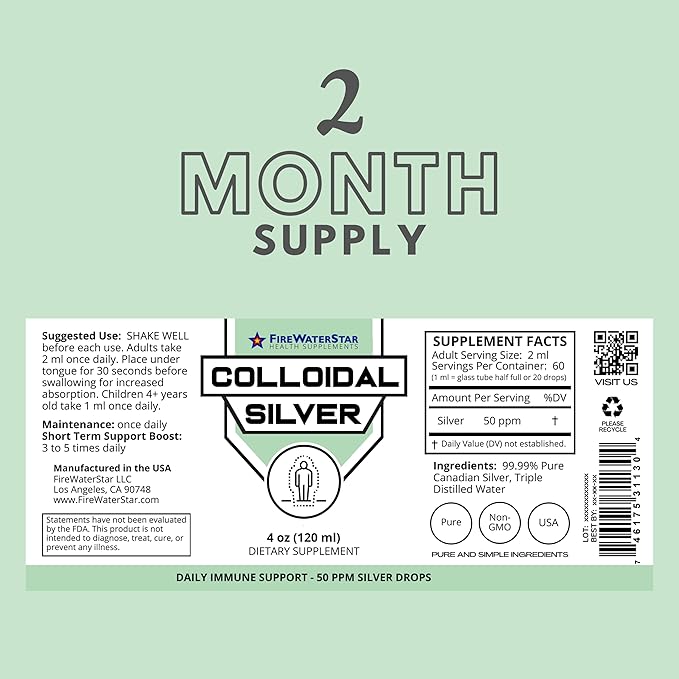 FWS Colloidal Silver, Liquid Silver Drops, 99.99% Pure Silver, 4 oz Glass Bottle, 60 Servings (2 Month Supply), 50 ppm, Concentrated for Easy and Convenient Servings