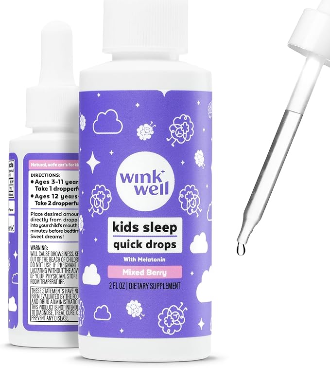 Wink Well Kids Liquid Melatonin Drops- Natural Sleep Drops for Toddlers and Teens Sleep Aid with 1mg Per Serving-Non-Addictive Children's Liquid Melatonin- 2 Oz