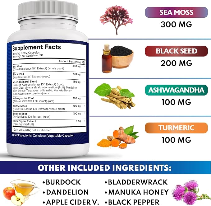 NEW AGE Sea Moss Black Seed Oil Ashwagandha Turmeric Bladderwrack Burdock - with Manuka, Honey Dandelion, ACV Black Pepper Gluten Free