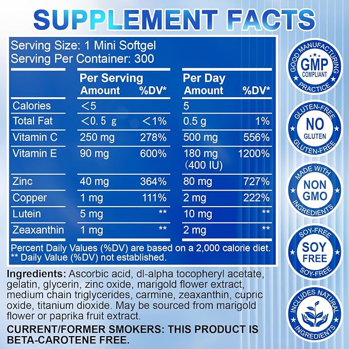 AREDS 2 Eye Vitamin & Mineral Supplement — Lutein and Zeaxanthin Supplement, Vitamin C & E, Zinc & Copper for Blue Light Protection, Eye Health Support, Eyebright , Eye Doctor Trusted — 300 Softgels