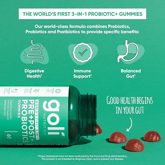 Goli Pre Pro Postbiotic Gummies - Worlds First 3-in-1 Formula with DE111 Probiotics, XOS Prebiotics, MCC1849 Postbiotics - Vegan, Non-GMO, Gluten-Free