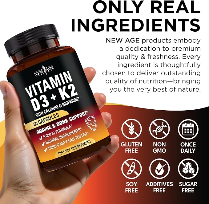 NEW AGE Vitamin D3 5,000 IU + K2 MK-7 100 mcg - 2-in-1 Bone, Immune & Heart Support, Easy to Swallow, Non-GMO - 120 Capsules
